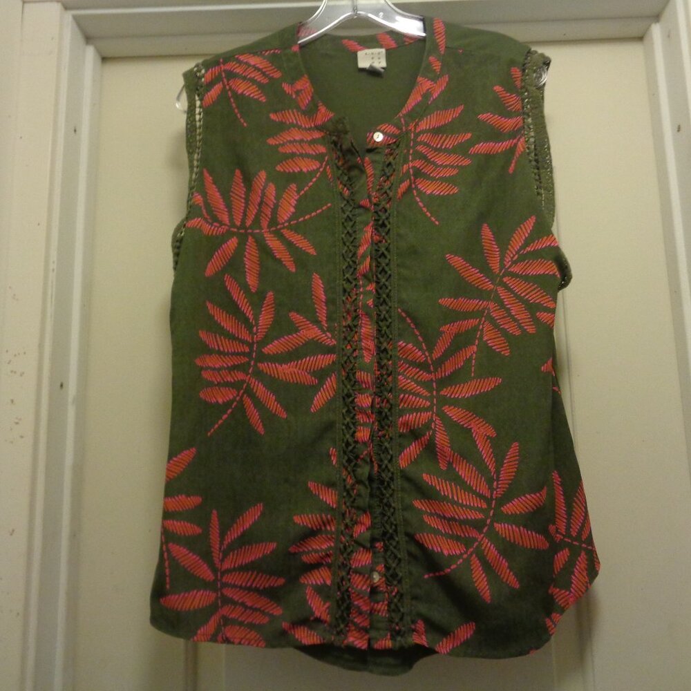 WHITE LOTUS ISLANDCORE GIRL A NEW DAY OLIVE & ORANGE FOILAGE BLOUSE M